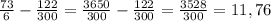 \frac{73}{6} - \frac{122}{300} = \frac{3650}{300} - \frac{122}{300} = \frac{3528}{300} = 11,76