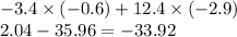 - 3.4 \times ( - 0.6) + 12.4 \times ( - 2.9) \\ 2.04 - 35.96 = - 33.92