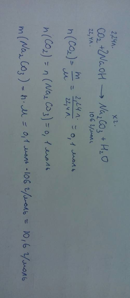 Обчислити масу солі що утвориться внаслідок пропускання 2,24 л вуглекислого газу через розчин натрій