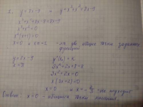 1. прямая y=8x-9 является касательной к графику функции y=x³+x²+8x-9. найдите абциссу точки касания.