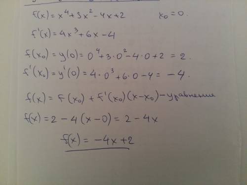 Запишите уравнение касательной к графику функции f(x)=x⁴+3x²-4x+2 в точке с абсциссой x₀=0