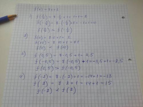 Сравните значения функции f(x)=7x+1 при заданных аргументах: 1) f(1/7) и f(-1/7) 3) f(0,5) и f(-0,5)