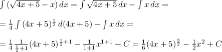 \int\limitsb { (\sqrt{ 4x+5}-x)} \, dx = \int\limitsb { \sqrt{ 4x+5}} \, dx -\int\limitsb {x} \, dx = \\ \\ = \frac{1}{4} \int\limitsb {(4x+5)^ \frac{1}{2} } \, d(4x +5)-\int\limitsb {x} \, dx = \\ \\ = \frac{1}{4} \frac{1}{ \frac{1}{2} +1} (4x+5)^ {\frac{1}{2}+1} } - \frac{1}{1+1} x^{1+1} + C = \frac{1}{6}(4x+5)^ {\frac{3}{2}} } - \frac{1}{2}x^2+C