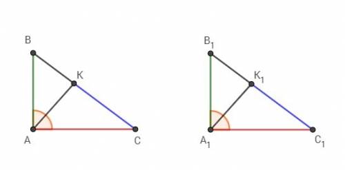 Втреугольниках abc и a1b1c1 угол a=углуа1 ; аb=a1b1 и ac=a1c1.на сторонах bc и b1c1 отмечены точки k