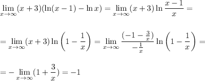 \displaystyle \lim_{x \to \infty} (x+3)(\ln(x-1)-\ln x)=\lim_{x \to \infty}(x+3)\ln \frac{x-1}{x}=\\ \\ \\ =\lim_{x \to \infty}(x+3)\ln\bigg(1- \frac{1}{x} \bigg)=\lim_{x \to \infty} \frac{(-1- \frac{3}{x}) }{- \frac{1}{x} } \ln\bigg(1- \frac{1}{x} \bigg)=\\ \\ \\ =-\lim_{x \to \infty}(1+ \frac{3}{x} )=-1