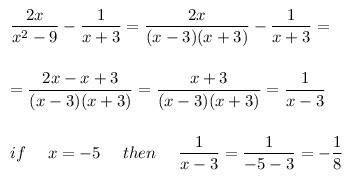Найдите значение выражения 2х/х^-9-1/х+3 при х=-5