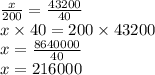 \frac{x}{200} = \frac{43200}{40} \\x \times 40 = 200 \times 43200 \\ x = \frac{8640000}{40} \\ x = 216000