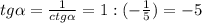 tg \alpha = \frac{1}{ctg \alpha } = 1:(- \frac{1}{5} )=-5