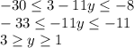 -30 \leq 3-11y \leq -8 \\ -33 \leq -11y \leq -11 \\ 3 \geq y \geq 1