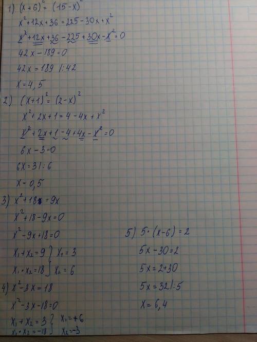 1)(x+6)²=(15-x)² 2)(x+1)²=(2-x)² 3)x²+18=9x 4)x²-3x=18 5)5·(x-6)=2 с разъяснением ,