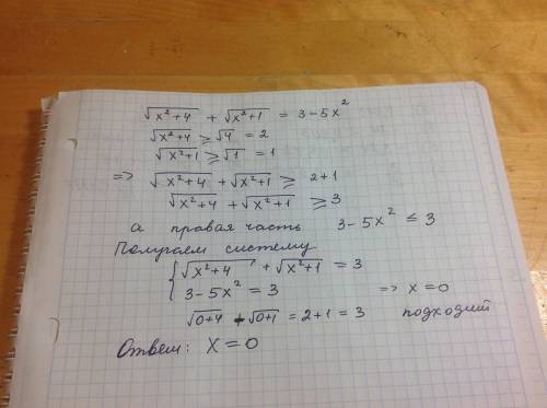 Решите уравнение √(х^2 + 4) + √(х^2+ 1) = 3 – 5 x^2