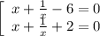 \left[\begin{array}{ccc}x+ \frac{1}{x}-6=0\\x+ \frac{1}{x}+2=0\end{array}