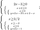 \left \{ {{2x-3\geq 0} \atop {\left \{ {{x+2\geq 0} \atop {\left \{ {{x\geq 0} \atop {y=2x-3+x+2-x}} \right. } \right. }} \right. ;\\\left \{ {{x\geq3/2 } \atop {\left \{ {{x\geq -2} \atop {\left \{ {{x\geq 0} \atop {y=2x-1}} \right. }} \right. }} \right.