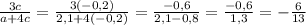 \frac{3c}{a+4c} = \frac{3(-0,2)}{2,1+4(-0,2)} = \frac{-0,6}{2,1-0,8} =\frac{-0,6}{1,3} =- \frac{6}{13}