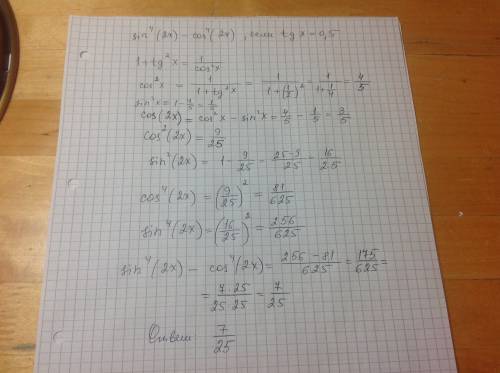 Решить: (sin^4)2x-(cos^4)2x, если tgx=0,5