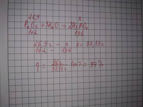 Дано : m(p2o5)=26,9 г; m практическая(h3po4)=36 граммов. найти выход продукта η p2o5+3h2o-> 2h3po