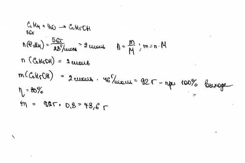 Сколько гр. этанола можно получить из 56гр этилена с практическим выходом 80%?