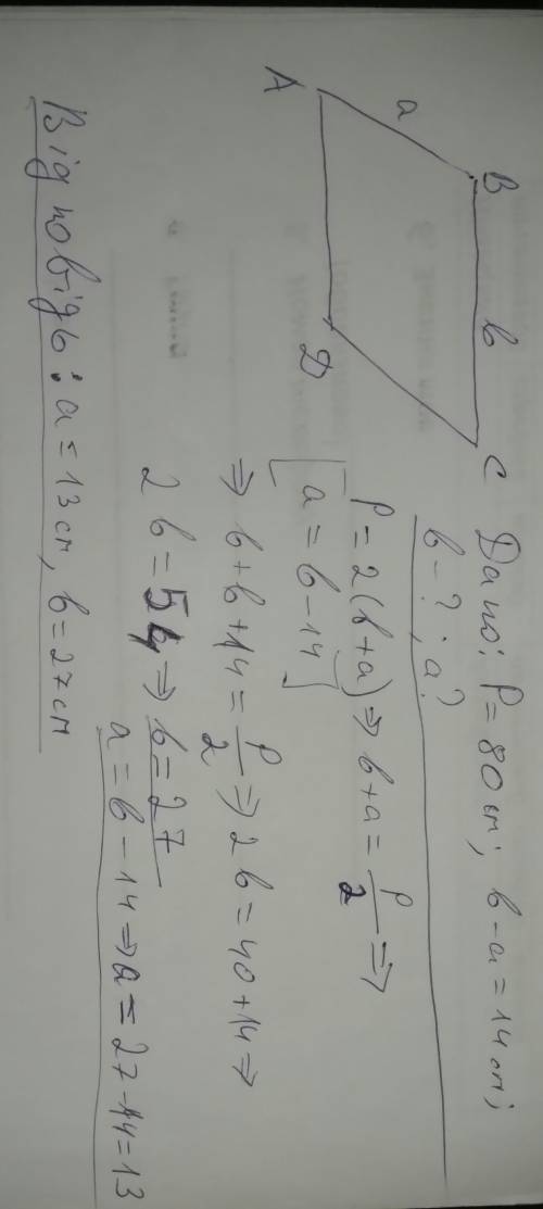 Периметир паралелограма дорівнює 80 см .знайдіть сторони парпалелограма, якщо одна з них на 14см мен