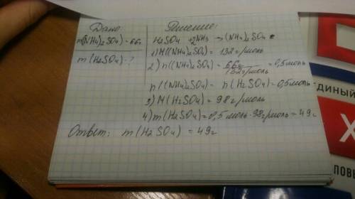 После пропускания через раствор серной кислоты аммиака (н.у) получили 66 г сульфата аммония. вычисли