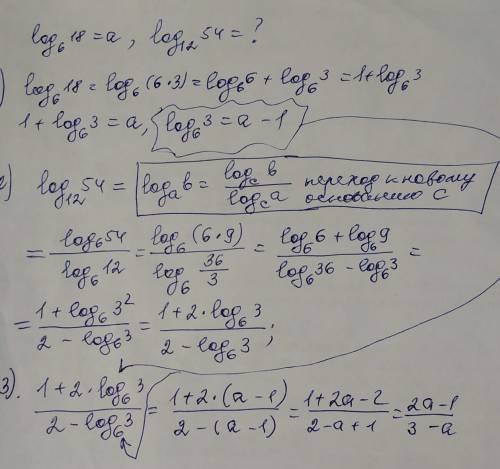 Пусть log6(18)=a. найдите log12(54)