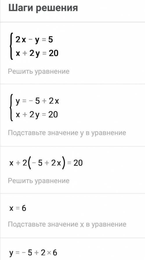 Решите систему уравнений графически: 2х-у=5 х+2у=20