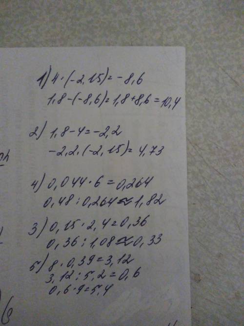 1,8-4*(-2,15)= (1,8-4)*(-2,15)= 0,15*2,4: 1,08= 0,48: (0,044*6)= (8*0,39): 5,2*9= ,,распишите все пр