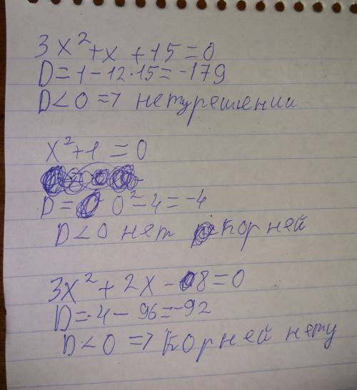 Нужна решите с дискрименантом 3х²+х+15=0 х²+1=0 6х²+4х-16=0 решите решите