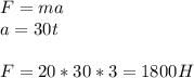 F=ma \\ a=30t \\ \\ F=20*30*3=1800H