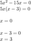 5x^2-15x=0 \\ 5x(x-3)=0 \\ \\ x=0 \\ \\ x-3=0 \\ x=3