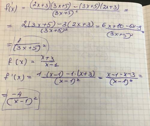 Найдите производную функции: 1) f(x)=(2x+3)/(3x+5); 2) f(x)=(x+3)/(x-1).