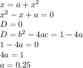 x=a+x^2 \\ x^2-x+a=0 \\ D=0 \\ D=b^2-4ac=1-4a \\ 1-4a=0 \\ 4a=1 \\ a=0.25