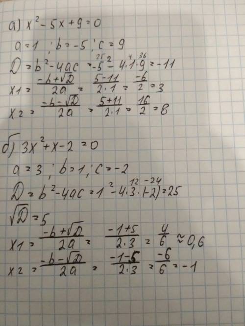 Имеют ли корни уровнение: a) x^2-5x+9=0 б)3x^2+x-2=0 (ответ поясните)