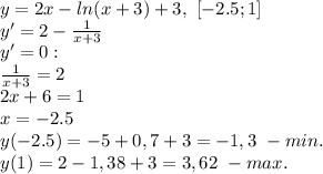 y=2x-ln(x+3)+3,\ [-2.5;1]\\y'=2- \frac{1}{x+3}\\y'=0:\\ \frac{1}{x+3}=2\\2x+6=1\\x=-2.5\\y(-2.5)=-5+0,7+3=-1,3\ -min.\\y(1)=2-1,38+3=3,62\ -max.