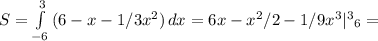 S= \int\limits^3_{-6} {(6-x-1/3x^2)} \, dx =6x-x^2/2-1/9x^3|^3{_6}=