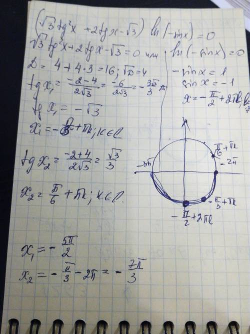 Решите , (√3tg²x+2tgx-√3)ln(-sinx)=0 [-3п; -2п]