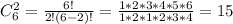 C_6^2= \frac{6!}{2!(6-2)!} = \frac{1*2*3*4*5*6}{1*2*1*2*3*4} = 15