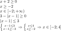 x+2 \geq 0 \\x \geq -2 \\x \in [-2;+\infty) \\3-|x-1| \geq 0 \\|x-1| \leq 3 \\ \left \{ {{x-1 \leq 3} \atop {x-1 \geq -3}} \right. \Rightarrow \left \{ {{x \leq 4} \atop {x \geq -2}} \right. \Rightarrow x \in [-2;4]