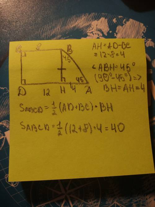 Найдите площадь прямоугольной трапеции авсд с основаниями ад=12 и вс=8 угол а равен 45