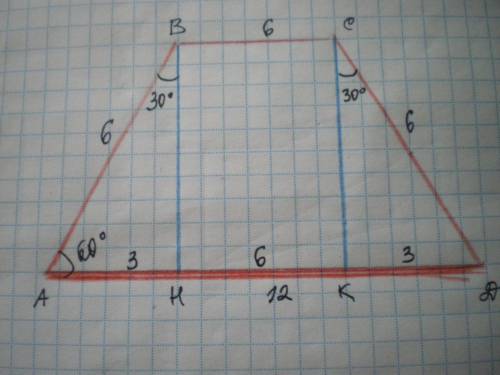Знайдіть периметер рівнобічної трапеції якщо ad=12см cd=6см кутa=60°​