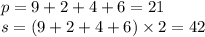 p = 9 + 2 + 4 + 6 = 21 \\ s =( 9 + 2 + 4 + 6) \times 2 = 42