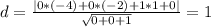 d= \frac{|0*(-4)+0*(-2)+1*1+0|}{ \sqrt{0+0+1} } =1