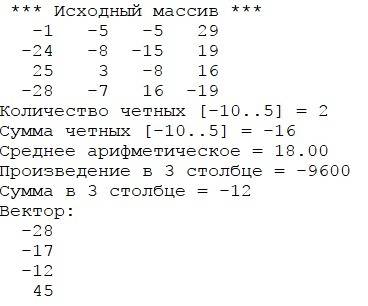 Дана матрица а[1: 4; 1: 4] а) получить сумму и количество четных элементов в интервале [-10 +5]. б)