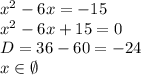 x^2-6x=-15 \\ x^2-6x+15=0 \\ D=36-60=-24 \\ x\in \emptyset