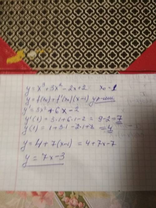 Напишите уравнение касательной к графику функции х^3+3х^2-2х+2 в точке с абсциссой х0=1