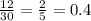 \frac{12}{30 } = \frac{2}{5} = 0.4