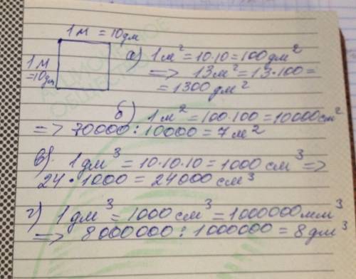 Выразите: а)в квадратных дециметрах 13 м² б)в квадратных метрах 70 000 см² в)в кубических сантиметра