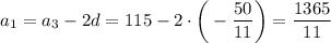 a_1=a_3-2d=115-2\cdot\bigg(-\dfrac{50}{11}\bigg)=\dfrac{1365}{11}