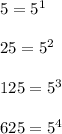 5 = 5^1\\\\25 = 5^2\\\\125 = 5^3\\\\625 = 5^4