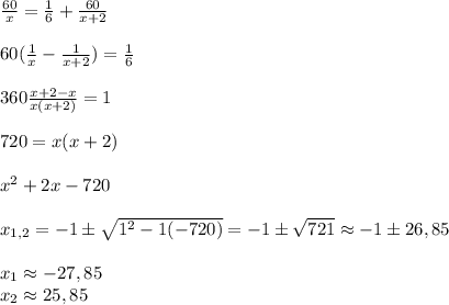 \frac{60}{x} = \frac{1}{6} + \frac{60}{x+2} \\ \\ 60( \frac{1}{x} - \frac{1}{x+2} ) = \frac{1}{6} \\ \\ 360 \frac{x+2-x}{x(x+2)} =1 \\ \\ 720 = x(x+2) \\ \\ x^2+2x-720 \\ \\ x_{1,2}=-1 \pm \sqrt{1^2-1(-720)} = -1 \pm \sqrt{721} \approx -1 \pm 26,85 \\ \\ x_1 \approx -27,85 \\ x_2 \approx 25,85