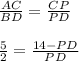 \frac{AC}{BD} = \frac{CP}{PD} \\ \\ \frac{5}{2} = \frac{14 - PD}{PD} \\ \\